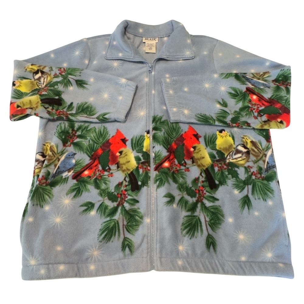 Blair Womens Fleece Jacket Large Blue Winter Bird Cardinal‎ Print Full Zip Mock